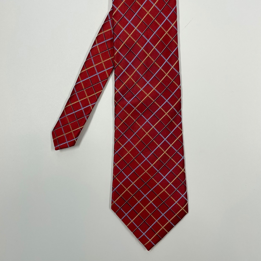 Claiborne Red Plaid Silk Grid Pattern Necktie Mens One Size